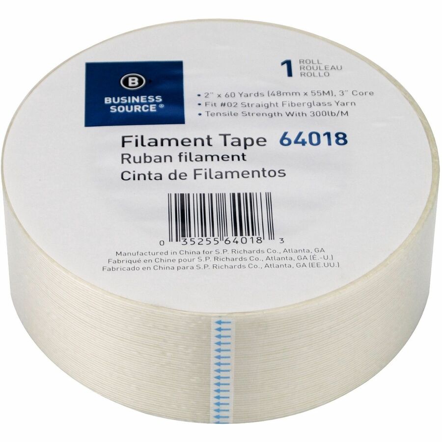 Business Source Heavy-duty Filament Tape - 60 yd Length x 2" Width - 3" Core - White - Fiberglass Filament Roll - 1 Roll