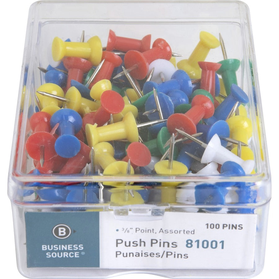 Business Source 1/2" Head Push Pins - 0.50" Head - Assorted - 100 / Box