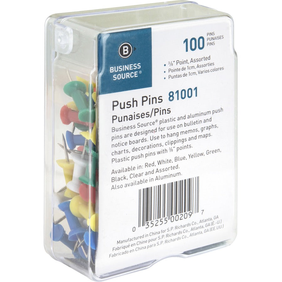 Business Source 1/2" Head Push Pins - 0.50" Head - Assorted - 100 / Box