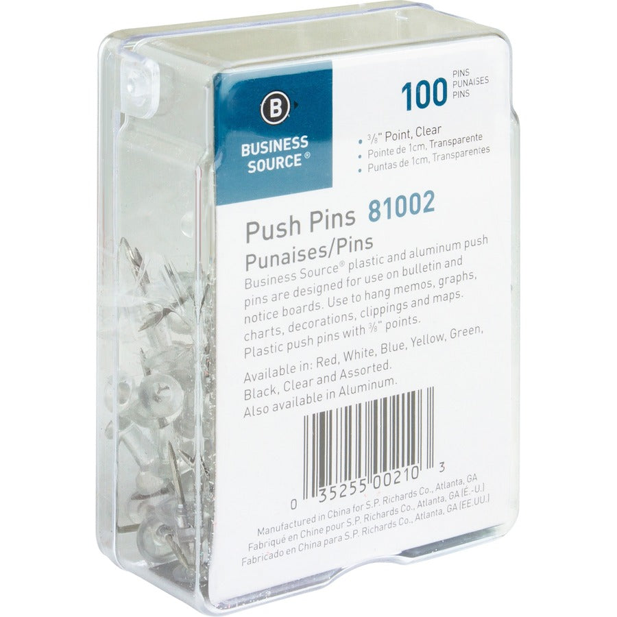 Business Source 1/2" Head Push Pins - 0.50" Head - Clear - 100 / Box