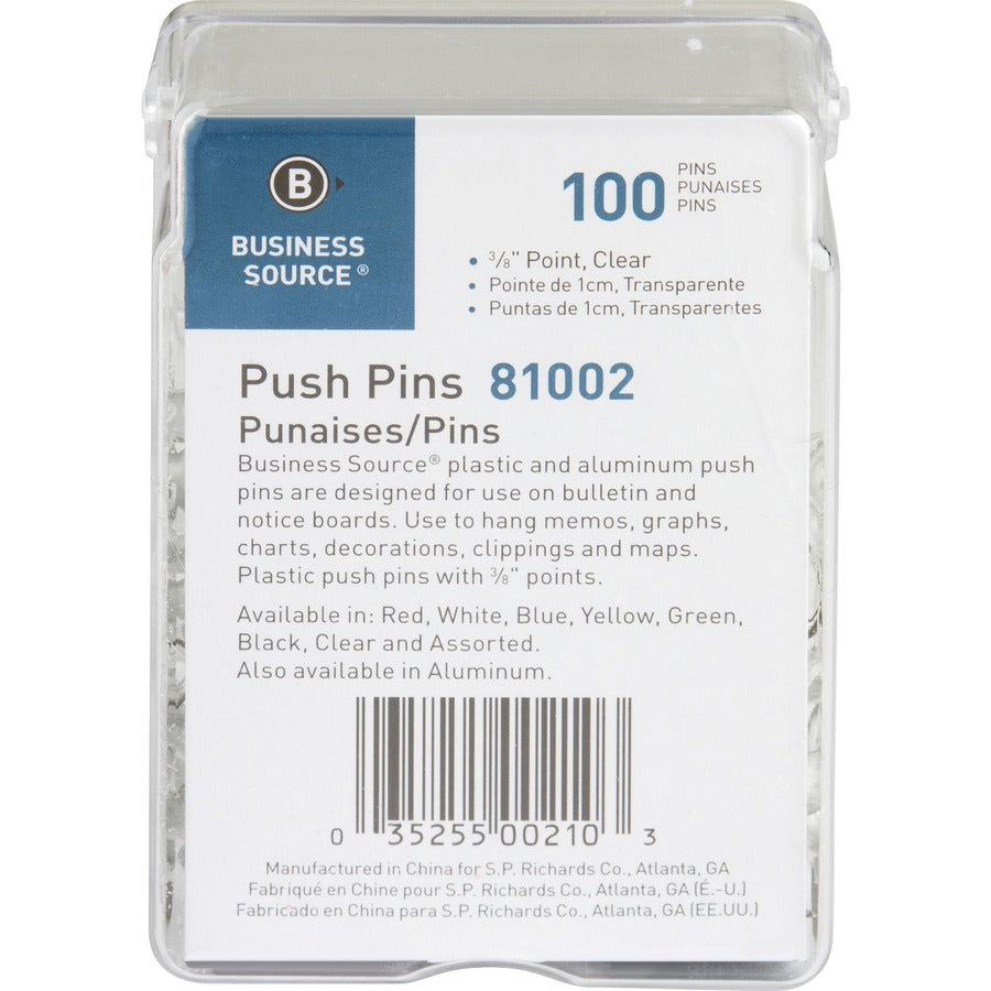 Business Source 1/2" Head Push Pins - 0.50" Head - Clear - 100 / Box