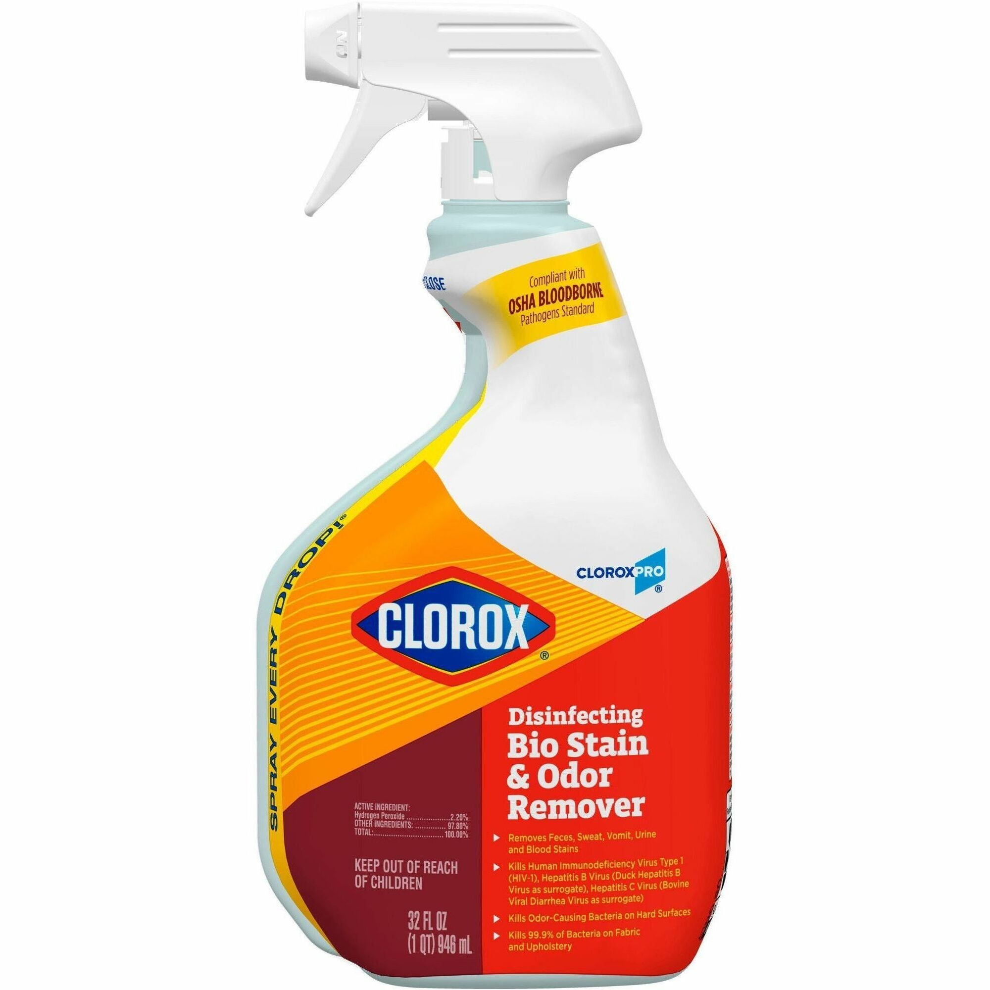 CloroxPro™ Disinfecting Bio Stain & Odor Remover Spray - Ready-To-Use - 32 fl oz (1 quart) - Bleach-free - Translucent - 1 Each