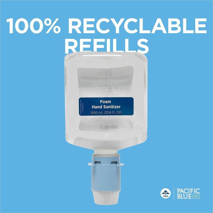 Pacific Blue Ultra Hand Sanitizer Foam Refill - 1.06 quart - Touchless Dispenser - Kill Germs - Hand - Moisturizing - Clear - Bio-based, Dye-free, Fragrance-free - 3 / Carton