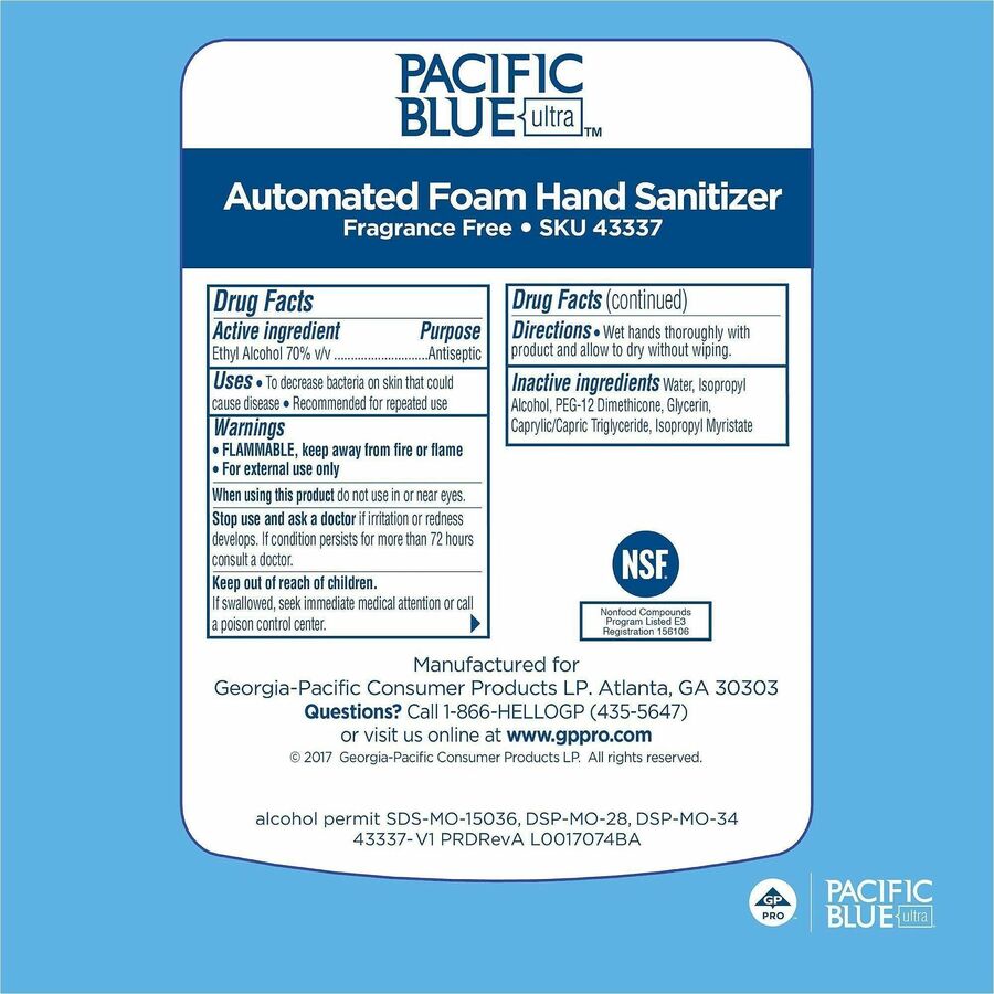 Pacific Blue Ultra Hand Sanitizer Foam Refill - 1.06 quart - Touchless Dispenser - Kill Germs - Hand - Moisturizing - Clear - Bio-based, Dye-free, Fragrance-free - 3 / Carton