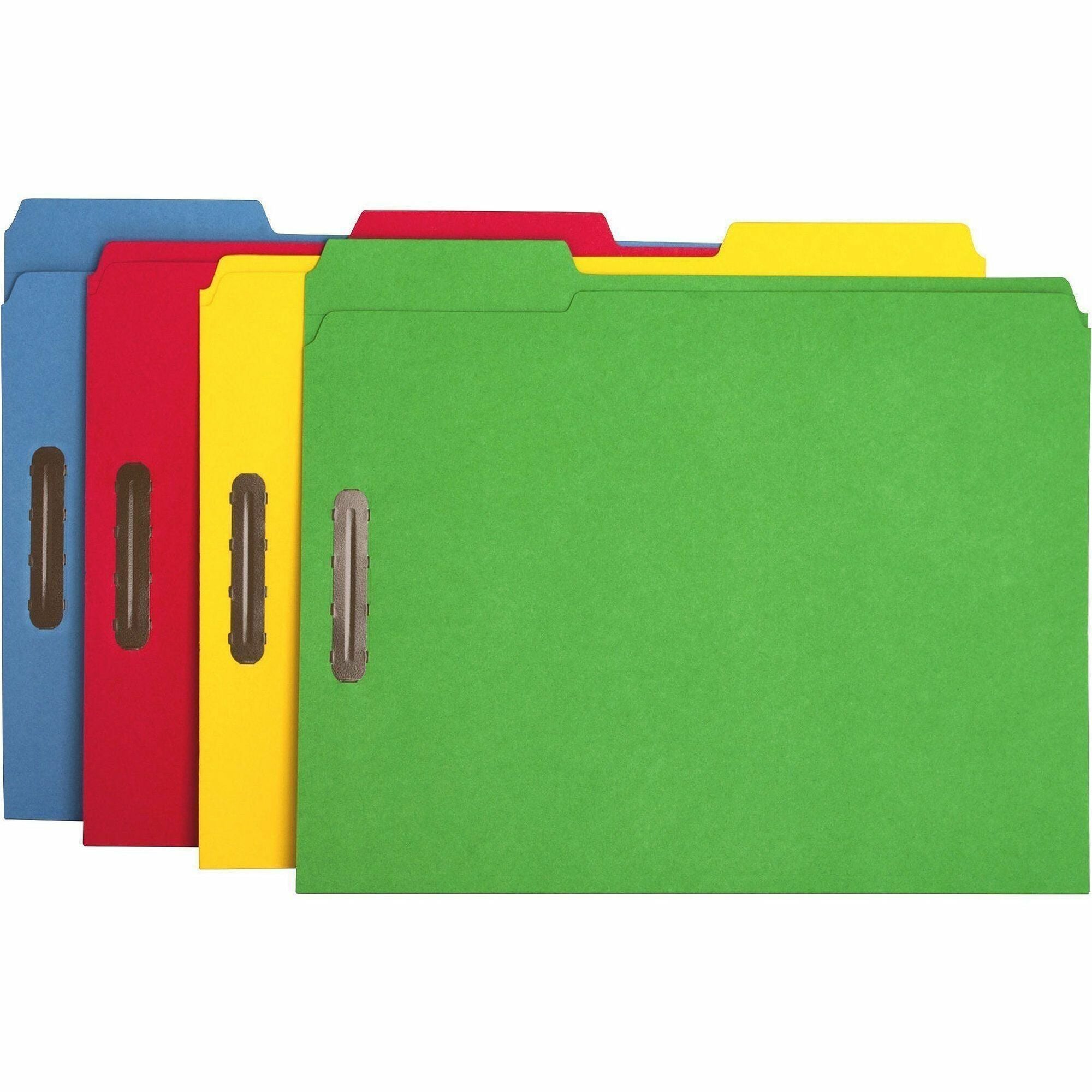 Business Source Colored Fastener Folders, 1/3 Tab Cut, Letter Size, 3/4" Expansion, 2 Fasteners, Assorted Colors (Yellow, Blue, Green, Red), 11 pt., 10% Recycled, 50/Box