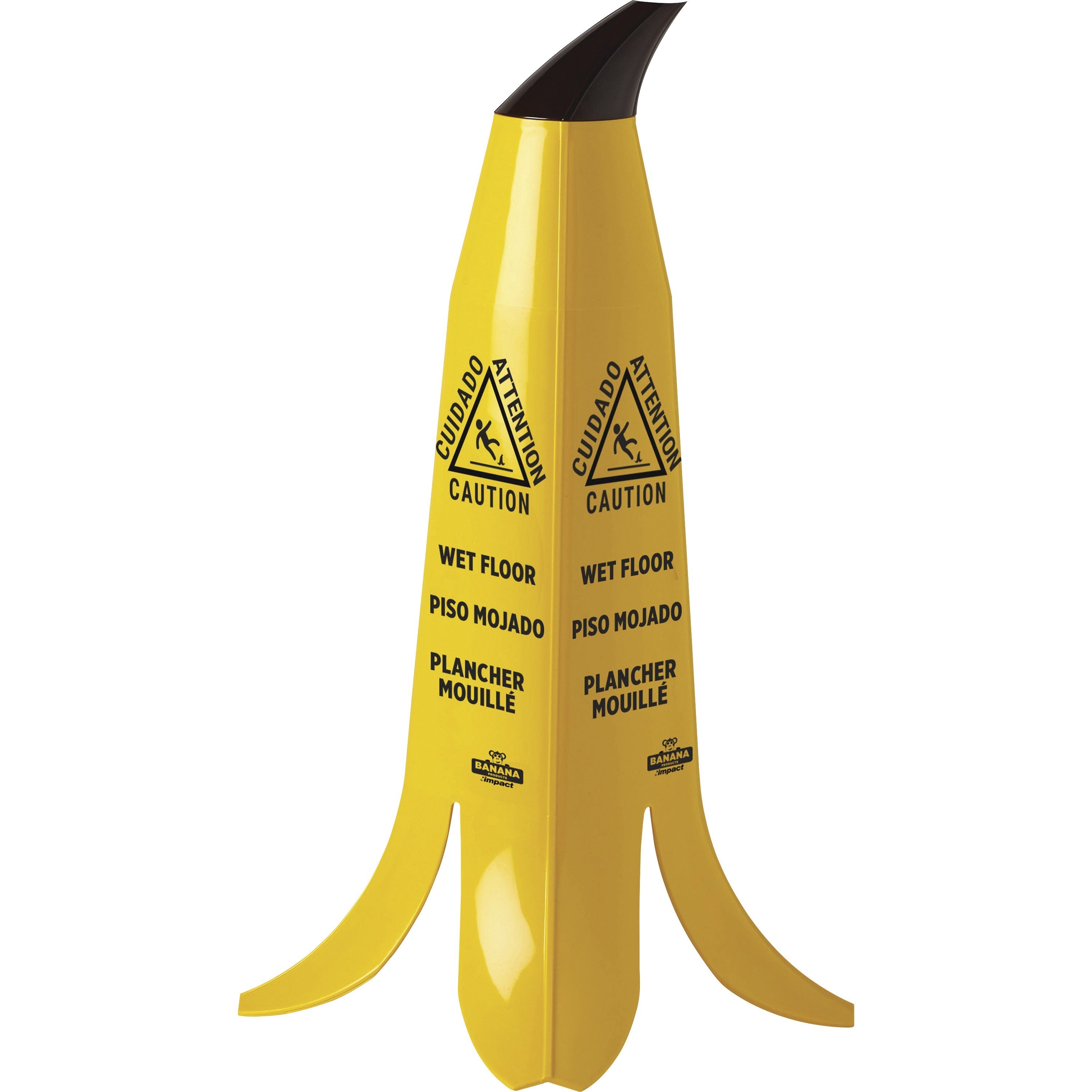 English, Spanish, French Canadian - Print/Message "CAUTION" - 11" Width x 24" Height - Banana Cone Shape - Yellow, Yellow - 3 / Carton
