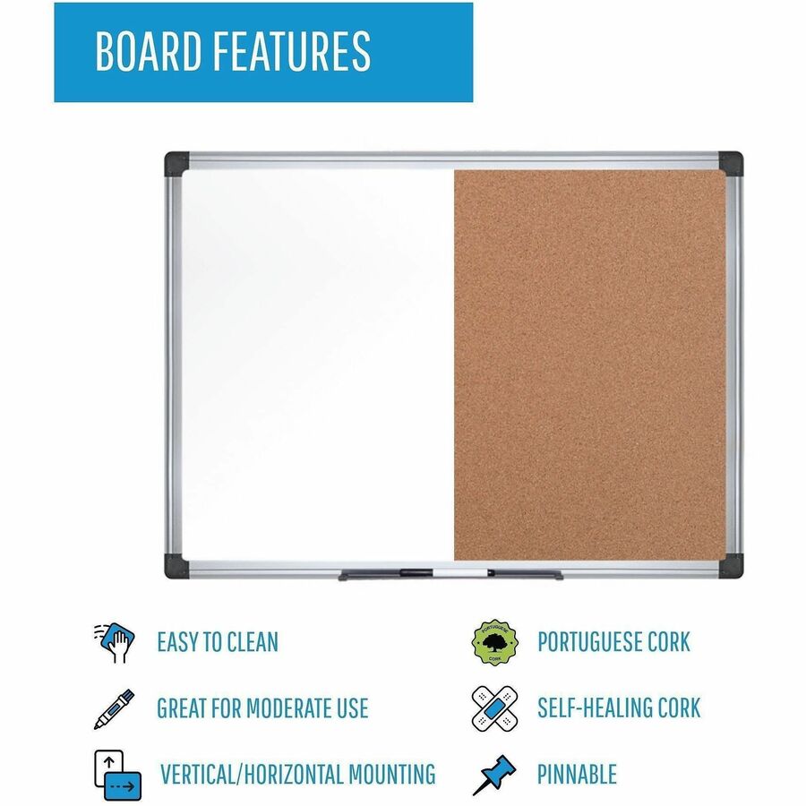 MasterVision Maya Series Dry-Erase Combo Board, 0.50" x 36" x 48", Natural Cork & Melamine Surface, Silver Aluminum Frame, 1 Each