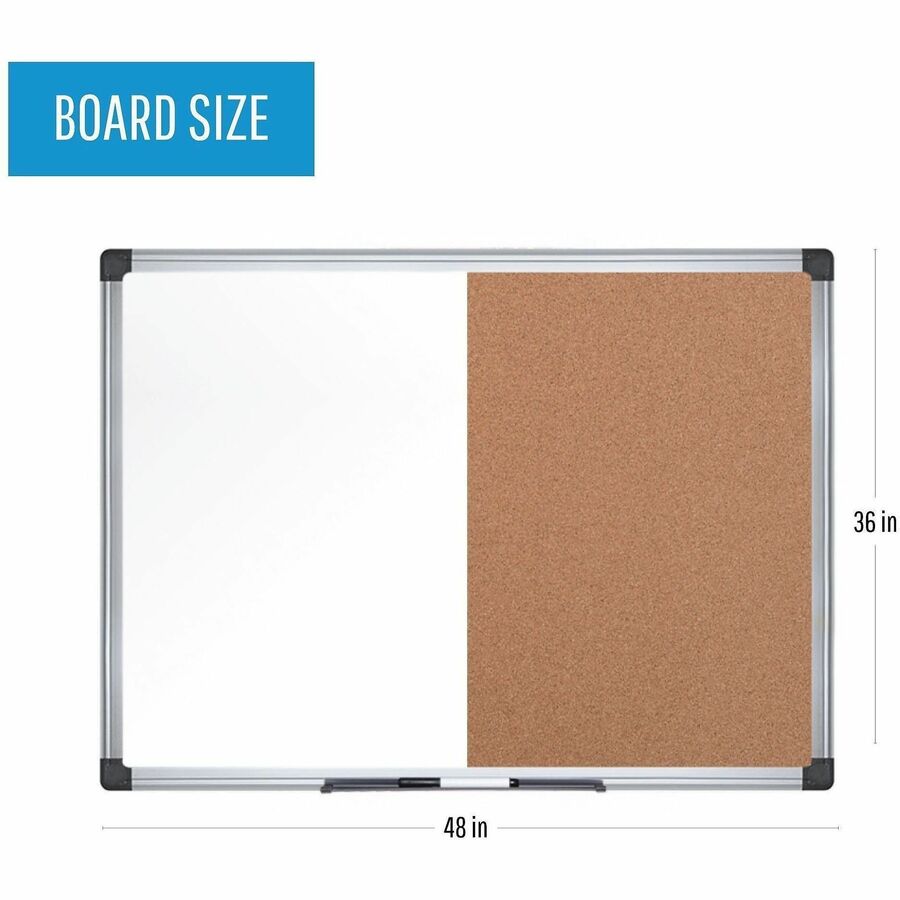 MasterVision Maya Series Dry-Erase Combo Board, 0.50" x 36" x 48", Natural Cork & Melamine Surface, Silver Aluminum Frame, 1 Each