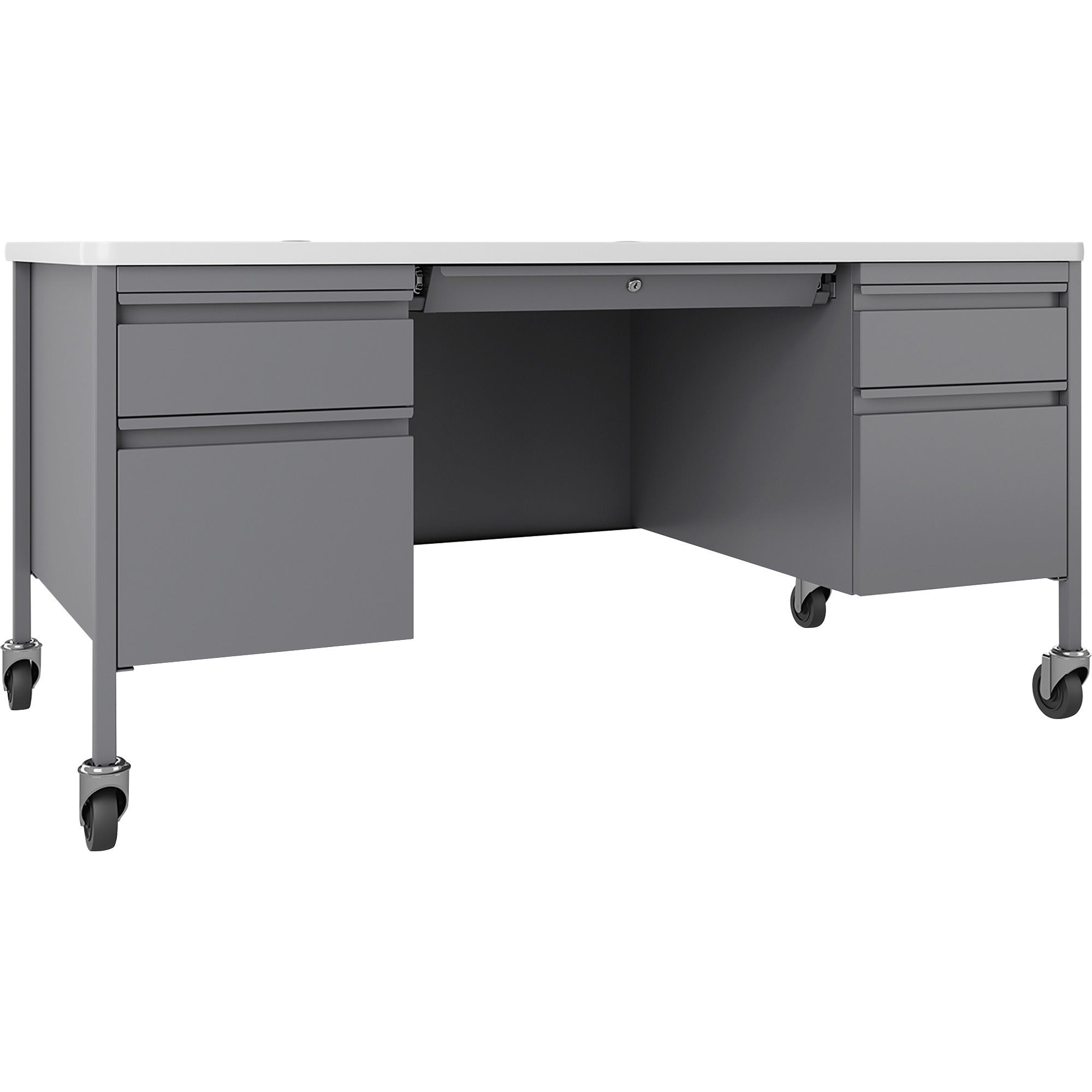 Lorell Fortress Series Mobile Double-Pedestal Teachers Desk - 29.5" Height x 60" Width x 30" Depth - Double Pedestal - T-mold Edge - Finish: Gray - 1 Each