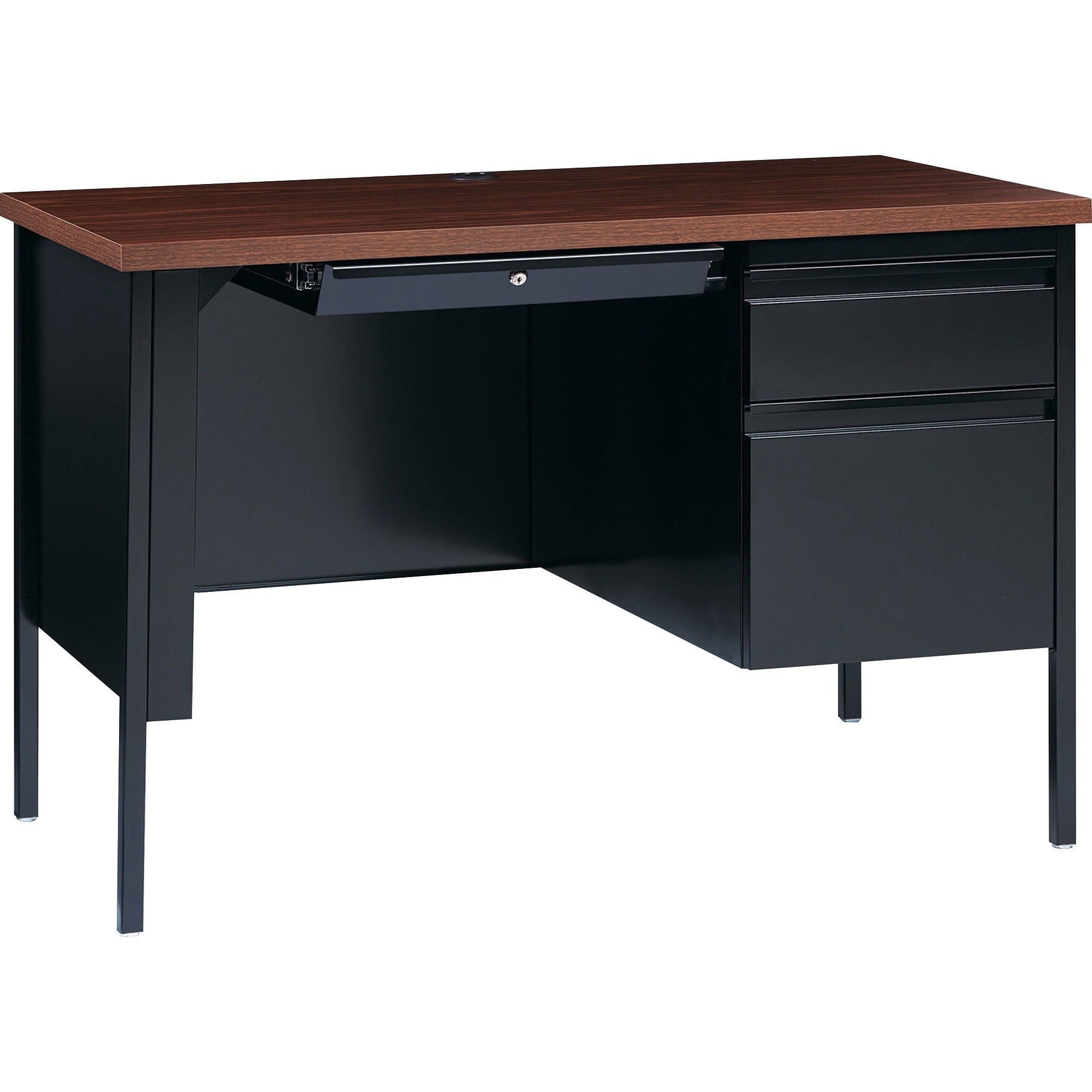 Lorell Fortress Series 45.5" Right Single-Pedestal Desk, Walnut Laminate, Black Steel Frame, Square Edge, 29.5"H x 45.5"W x 24"D, 1 Each