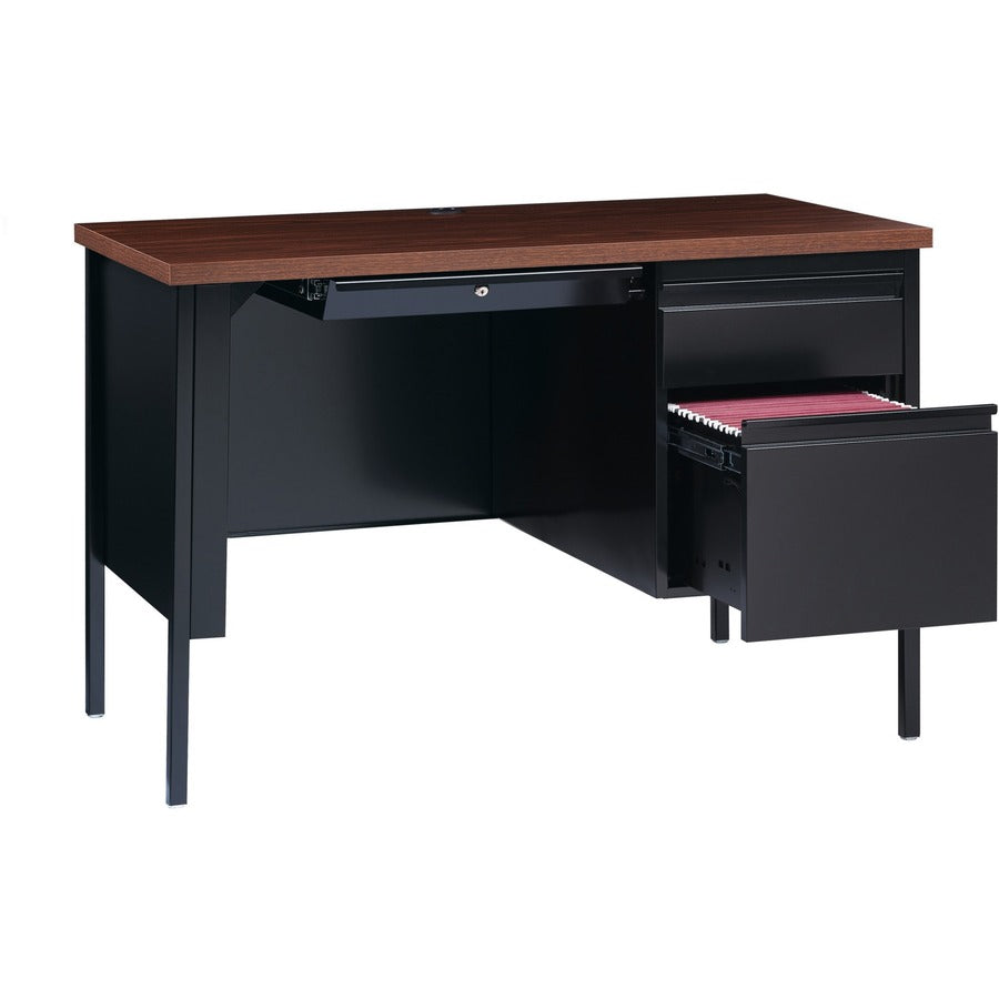 Lorell Fortress Series 45.5" Right Single-Pedestal Desk, Walnut Laminate, Black Steel Frame, Square Edge, 29.5"H x 45.5"W x 24"D, 1 Each