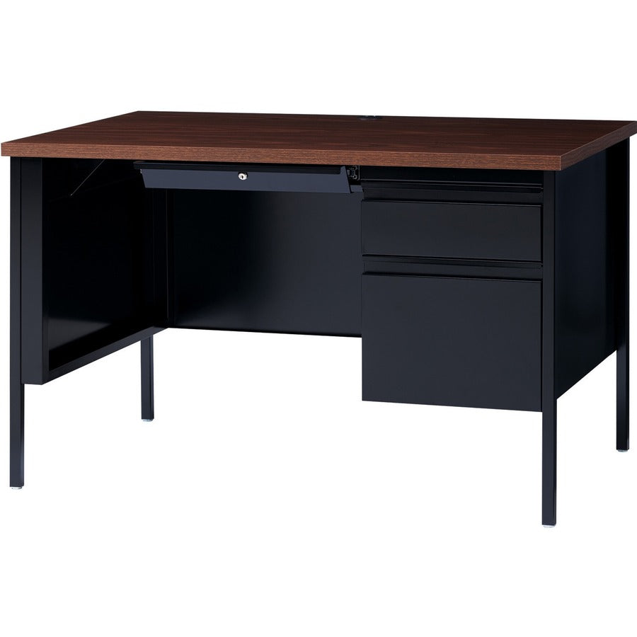 Lorell Fortress Series 45.5" Right Single-Pedestal Desk, Walnut Laminate, Black Steel Frame, Square Edge, 29.5"H x 45.5"W x 24"D, 1 Each