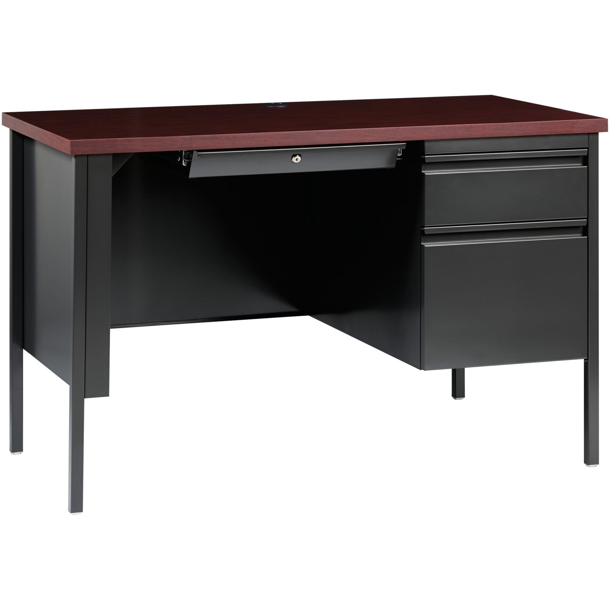 Lorell Fortress Series 45.5" Right Single-Pedestal Desk, Mahogany Laminate, Charcoal Steel Frame, Square Edge, 29.5"H x 45.5"W x 24"D, 1 Each