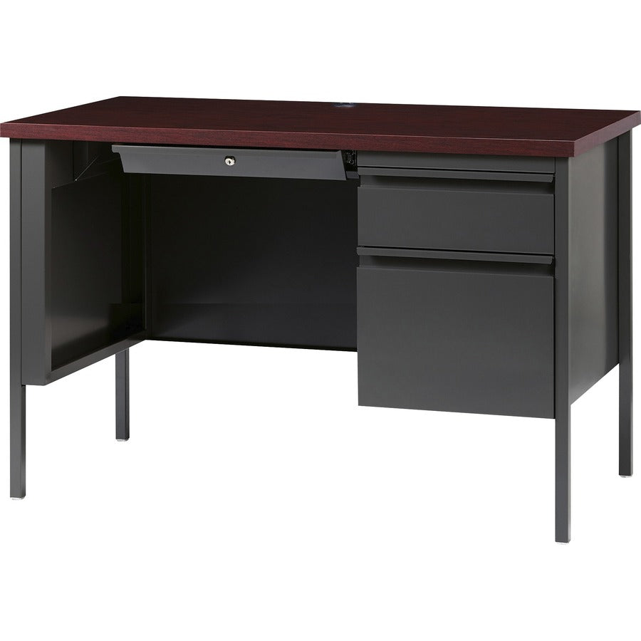 Lorell Fortress Series 45.5" Right Single-Pedestal Desk, Mahogany Laminate, Charcoal Steel Frame, Square Edge, 29.5"H x 45.5"W x 24"D, 1 Each