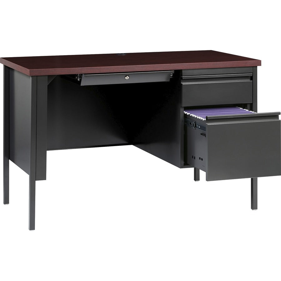 Lorell Fortress Series 45.5" Right Single-Pedestal Desk, Mahogany Laminate, Charcoal Steel Frame, Square Edge, 29.5"H x 45.5"W x 24"D, 1 Each