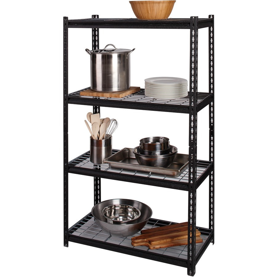 Lorell Wire Deck Shelving - 4 Shelf(ves) - 60" Height x 36" Width x 18" Depth - Easy to Clean, Heavy Duty, Rust Resistant, Durable - 30% Recycled - Powder Coated - Black - Steel - 1 Each