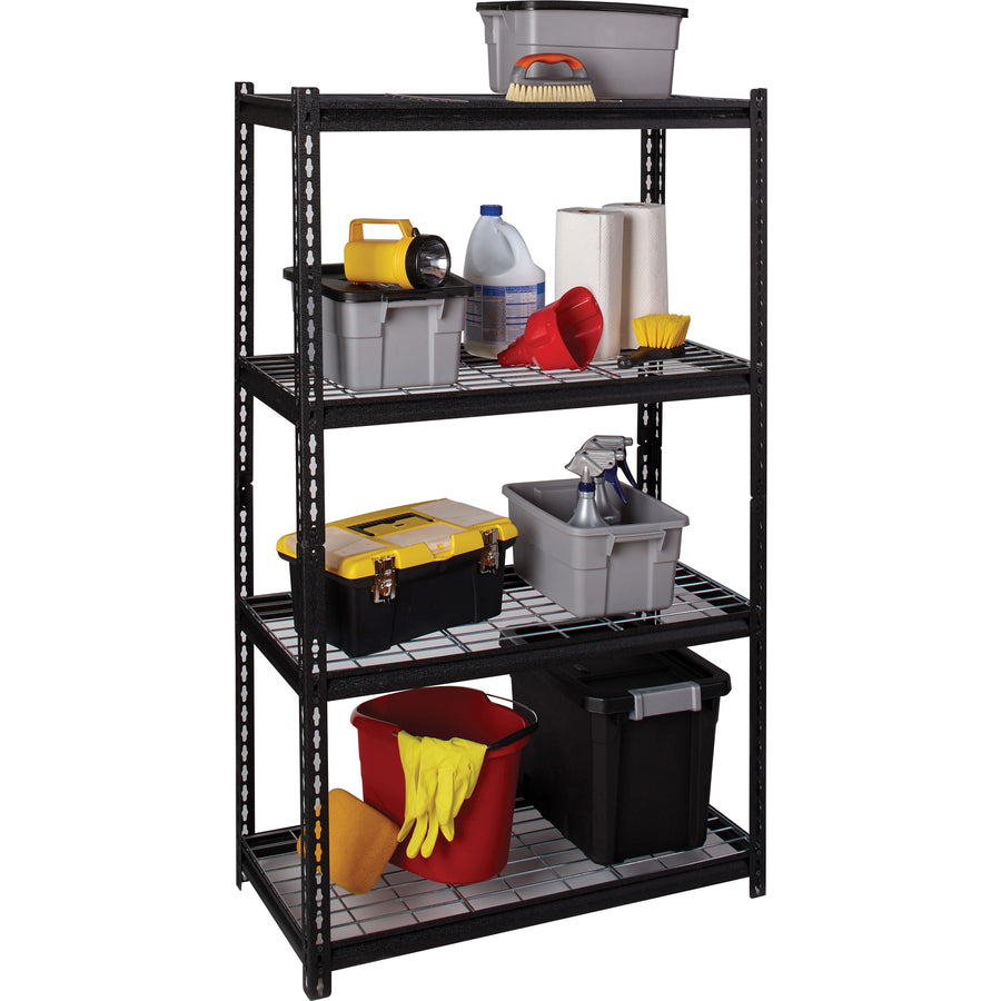 Lorell Wire Deck Shelving - 4 Shelf(ves) - 60" Height x 36" Width x 18" Depth - Easy to Clean, Heavy Duty, Rust Resistant, Durable - 30% Recycled - Powder Coated - Black - Steel - 1 Each