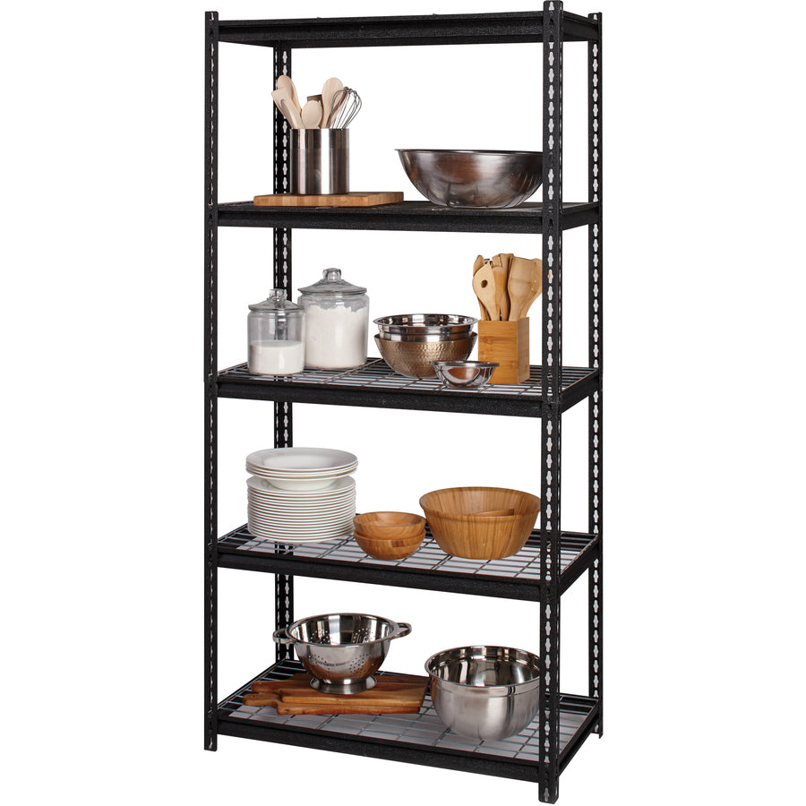 Lorell Wire Deck Shelving - 5 Shelf(ves) - 72" Height x 36" Width x 18" Depth - Easy to Clean, Heavy Duty, Rust Resistant, Durable - 28% Recycled - Powder Coated - Black - Steel - 1 Each