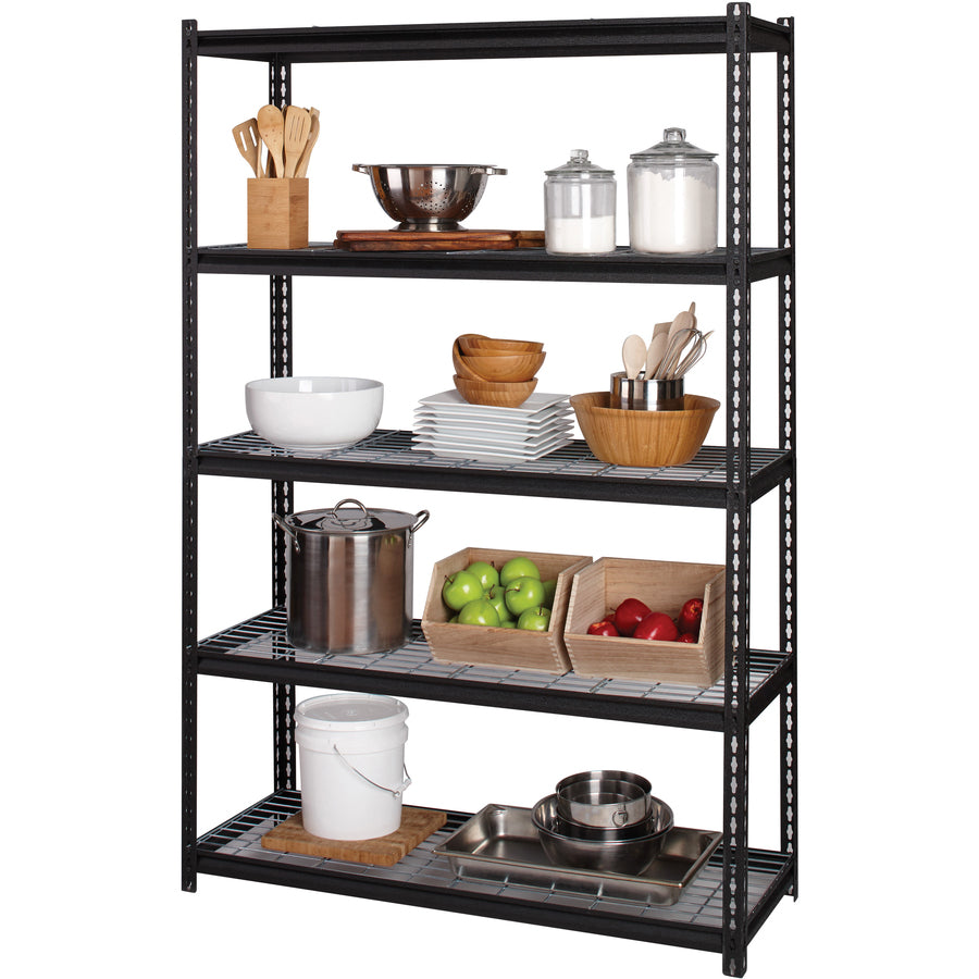Lorell Wire Deck Shelving - 5 Shelf(ves) - 72" Height x 48" Width x 18" Depth - Easy to Clean, Heavy Duty, Rust Resistant, Durable - 28% Recycled - Powder Coated - Black - Steel - 1 Each