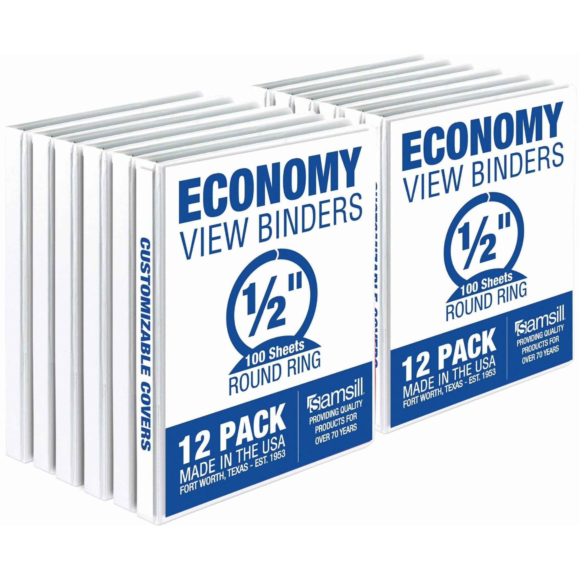 Samsill Economy View Binder, 1/2" Capacity, Letter Size, 3 Round Rings, 2 Internal Pockets, White, Recycled, Customizable Spine/Cover, Clear Overlay, 12/Carton