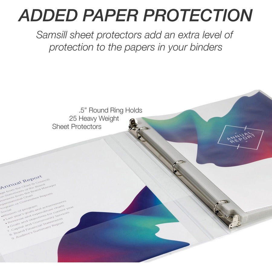 Samsill Economy View Binder, 1/2" Capacity, Letter Size, 3 Round Rings, 2 Internal Pockets, White, Recycled, Customizable Spine/Cover, Clear Overlay, 12/Carton