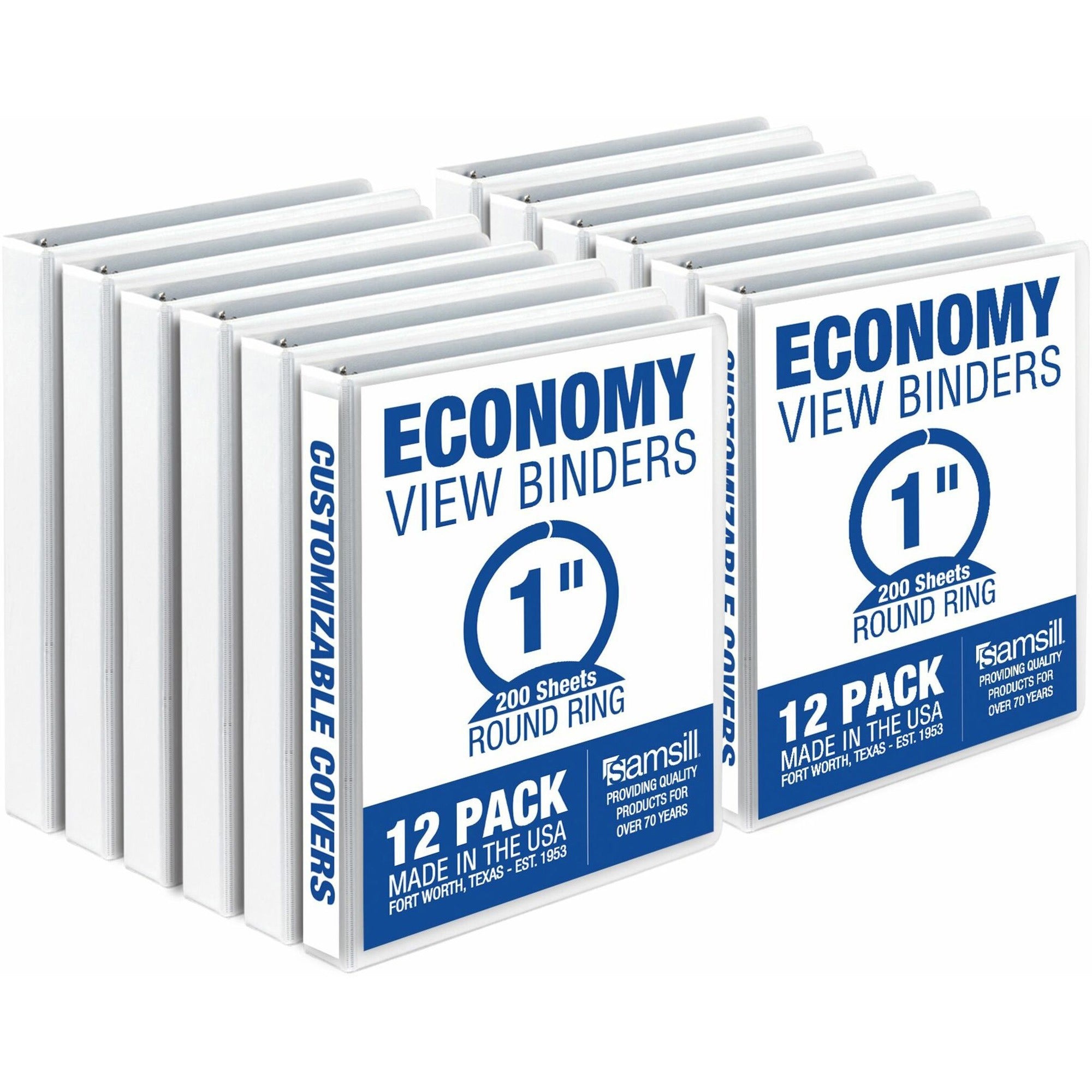 Samsill Economy View Binder, 1" Capacity, 3 Round Rings, 2 Internal Pockets, Letter Size, White, Clear Overlay, Customizable Spine/Cover, Recycled, 12/Carton