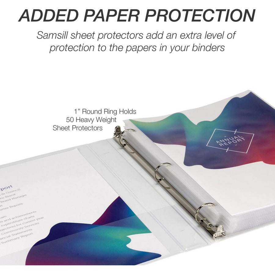 Samsill Economy View Binder, 1" Capacity, 3 Round Rings, 2 Internal Pockets, Letter Size, White, Clear Overlay, Customizable Spine/Cover, Recycled, 12/Carton