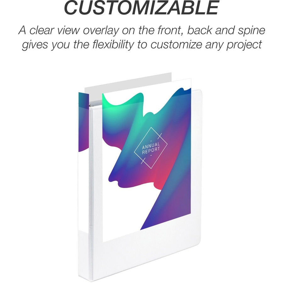 Samsill Economy View Binder, 1" Capacity, 3 Round Rings, 2 Internal Pockets, Letter Size, White, Clear Overlay, Customizable Spine/Cover, Recycled, 12/Carton
