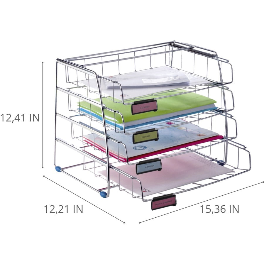 Alba Letter Tray - 4 Tier(s) - 12.40" Height x 12.20" Width x 15.35" Length - Chrome - Metal - 1 Each