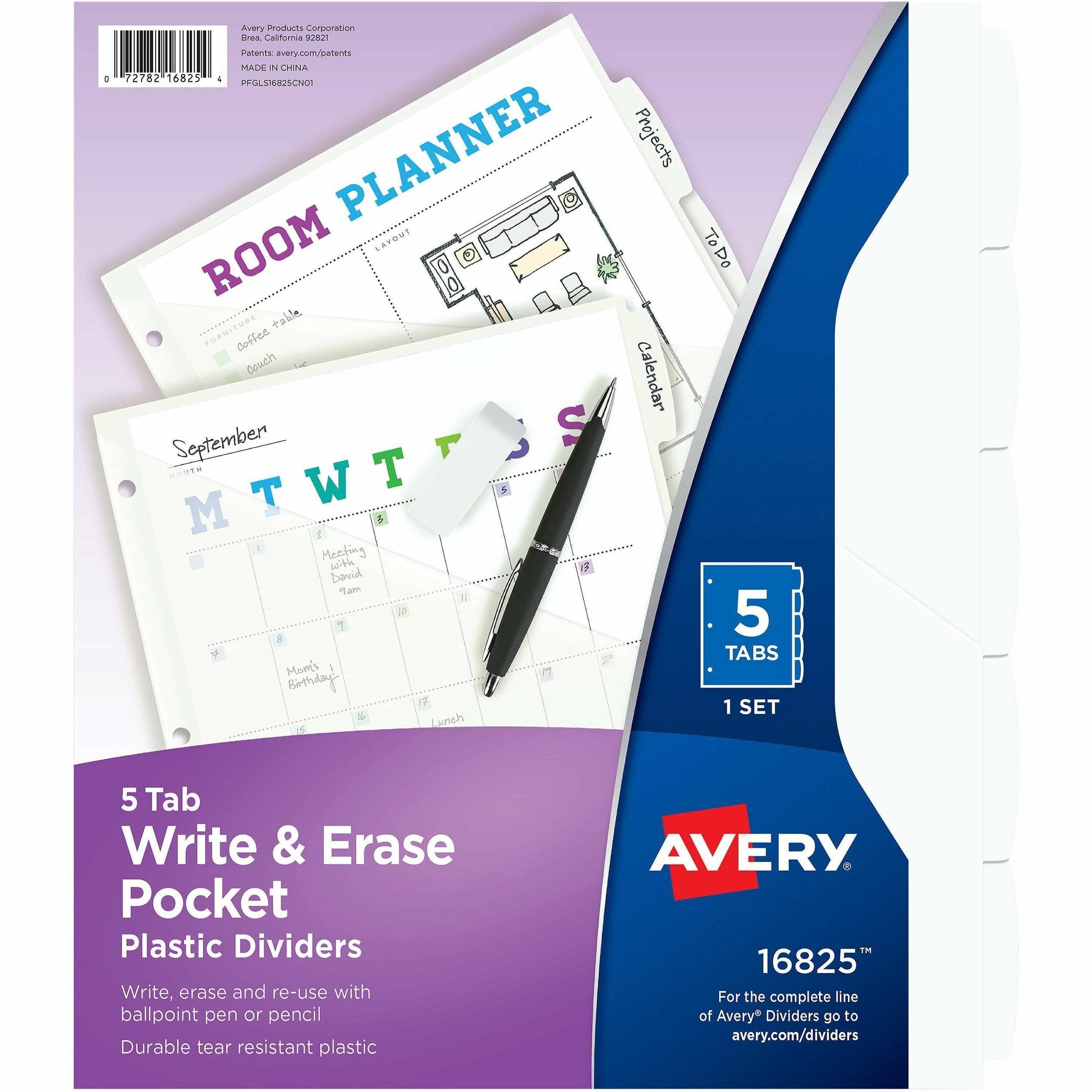 Avery Write & Erase Pocket Plastic Dividers, 5 Dividers with 5 Write-on Tabs, White, 3-Hole Punched, 1 Set