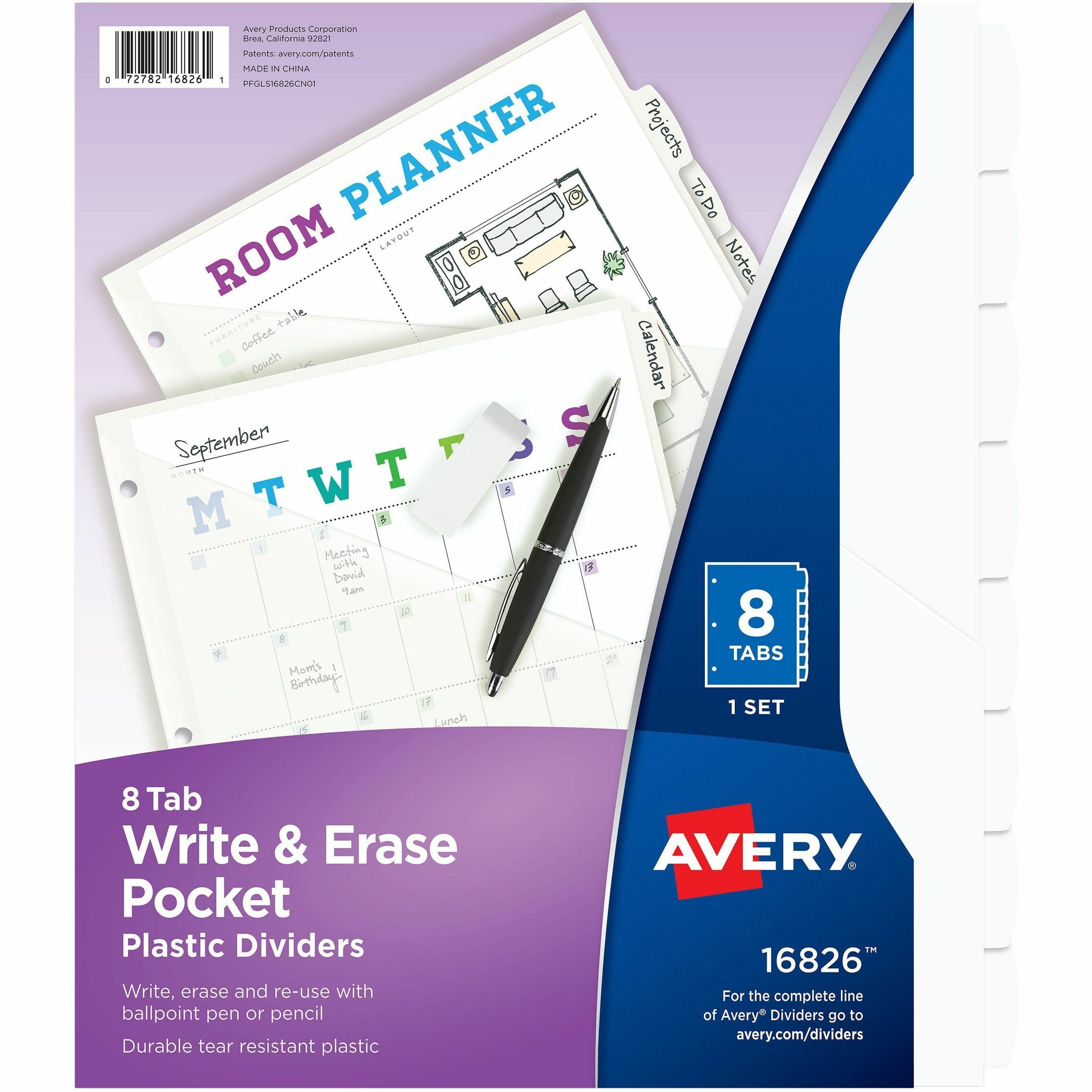 Avery Write & Erase Pocket Plastic Dividers, 8 Dividers with 8 Write-on Tabs, White, 3-Hole Punched, 1 Set