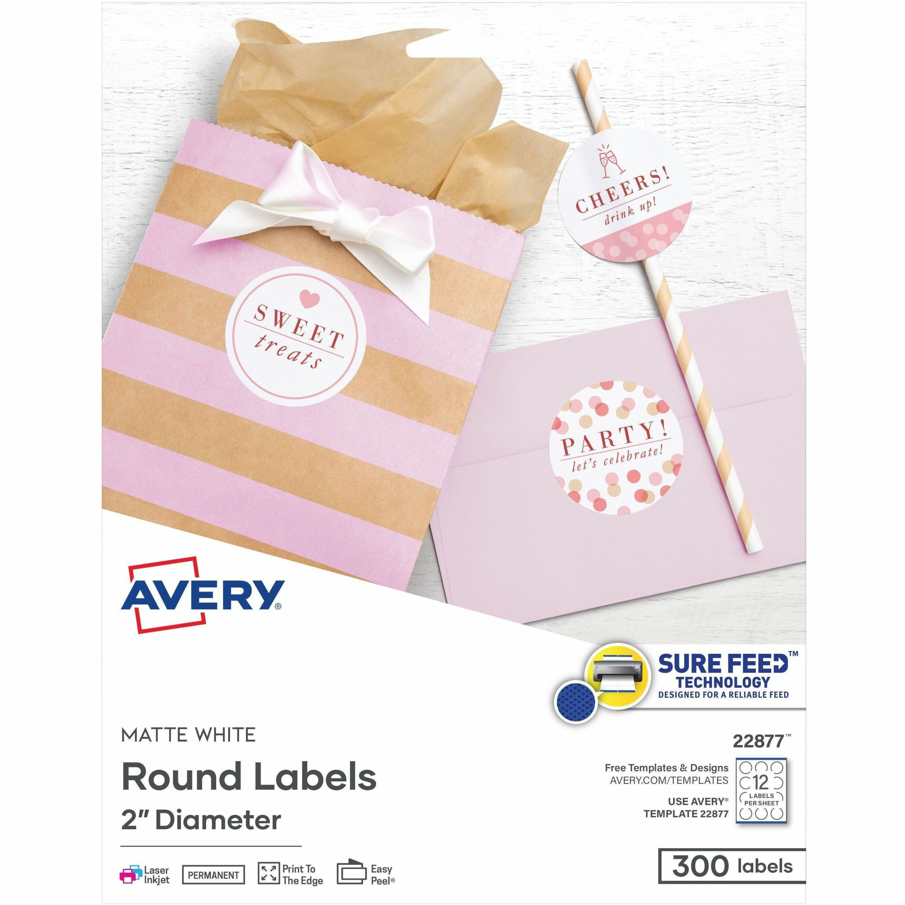 Avery&reg; Easy Peel Labels -Sure Feed - Print-to-the-Edge - Waterproof - x 2" Diameter - Permanent Adhesive - Round - Inkjet, Laser - Matte White - Matte - Paper - 12 / Sheet - 12 Total Sheets - 300 Total Label(s) - 1 Pack