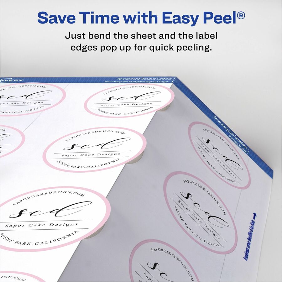 Avery&reg; Easy Peel Labels -Sure Feed - Print-to-the-Edge - Waterproof - x 2" Diameter - Permanent Adhesive - Round - Inkjet, Laser - Matte White - Matte - Paper - 12 / Sheet - 12 Total Sheets - 300 Total Label(s) - 1 Pack