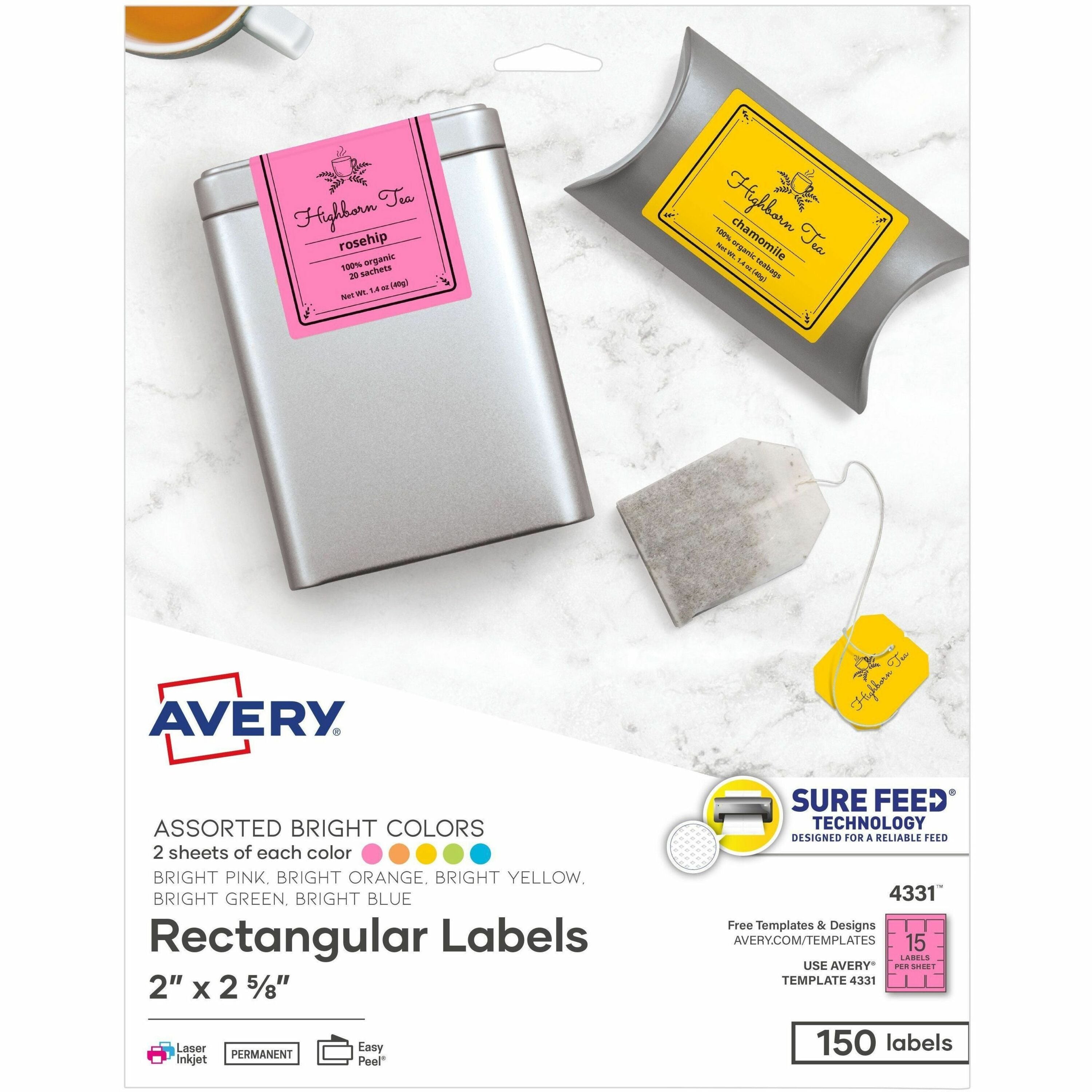 Avery Easy Peel Multipurpose Labels, 2" x 2-5/8", Rectangle, Permanent Adhesive, Matte, Bright Blue/Green/Orange/Pink/Yellow, 15 Labels/Sheet, 10 Sheets, 150 Labels Total, 6 Pack