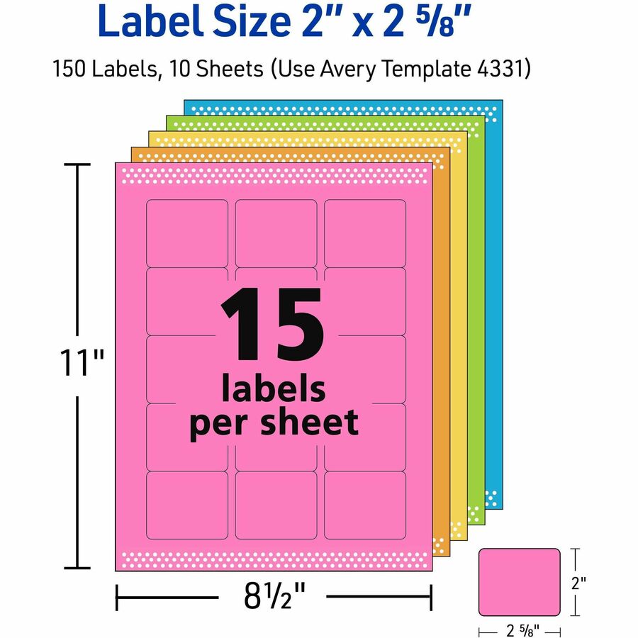 Avery Easy Peel Multipurpose Labels, 2" x 2-5/8", Rectangle, Permanent Adhesive, Matte, Bright Blue/Green/Orange/Pink/Yellow, 15 Labels/Sheet, 10 Sheets, 150 Labels Total, 6 Pack