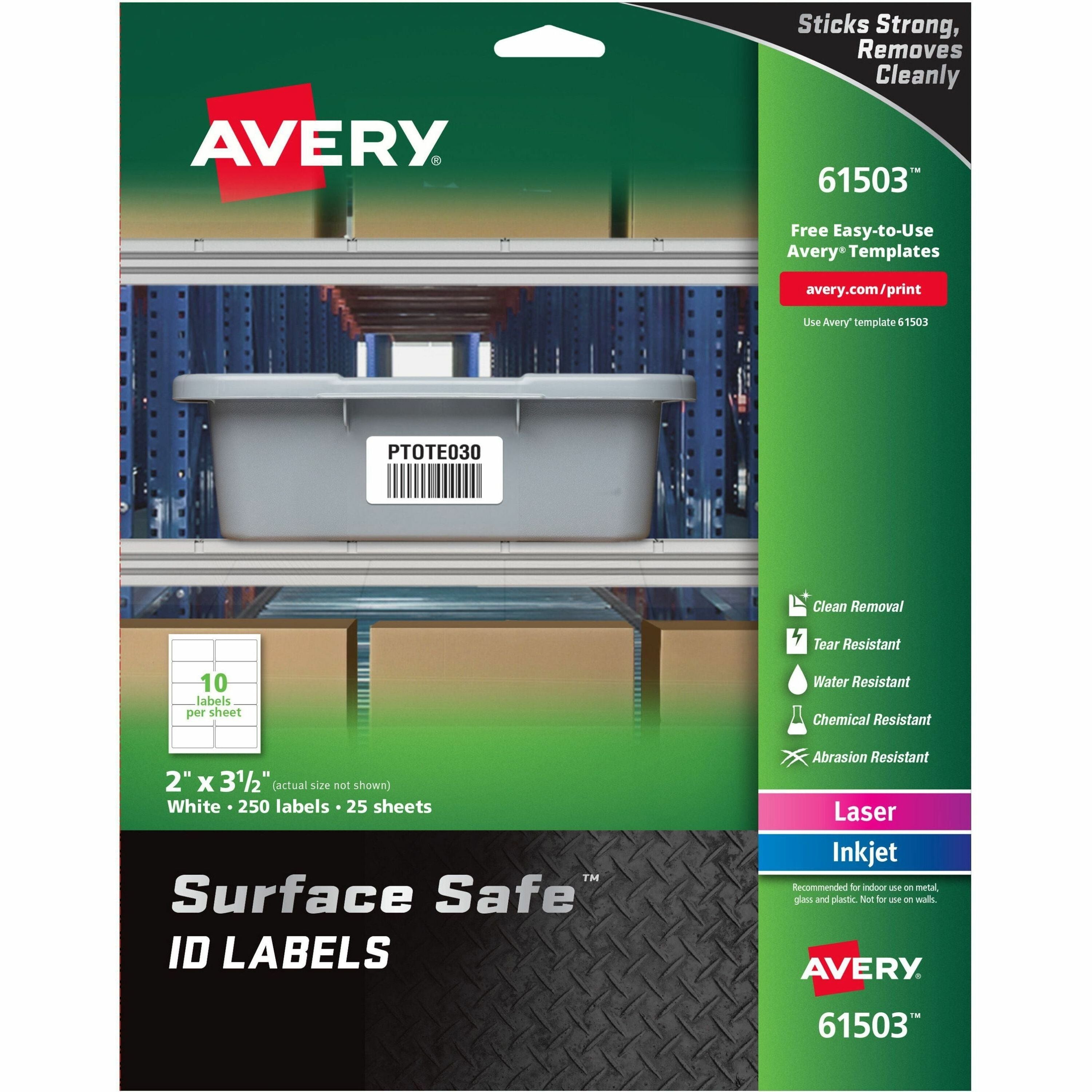 Avery&reg; Surface Safe ID Label - 2" Width x 3 1/2" Length - Removable Adhesive - Rectangle - Laser, Inkjet - White - Film - Water Resistant - 10 / Sheet - 25 Total Sheets - 250 Total Label(s) - 1 Pack
