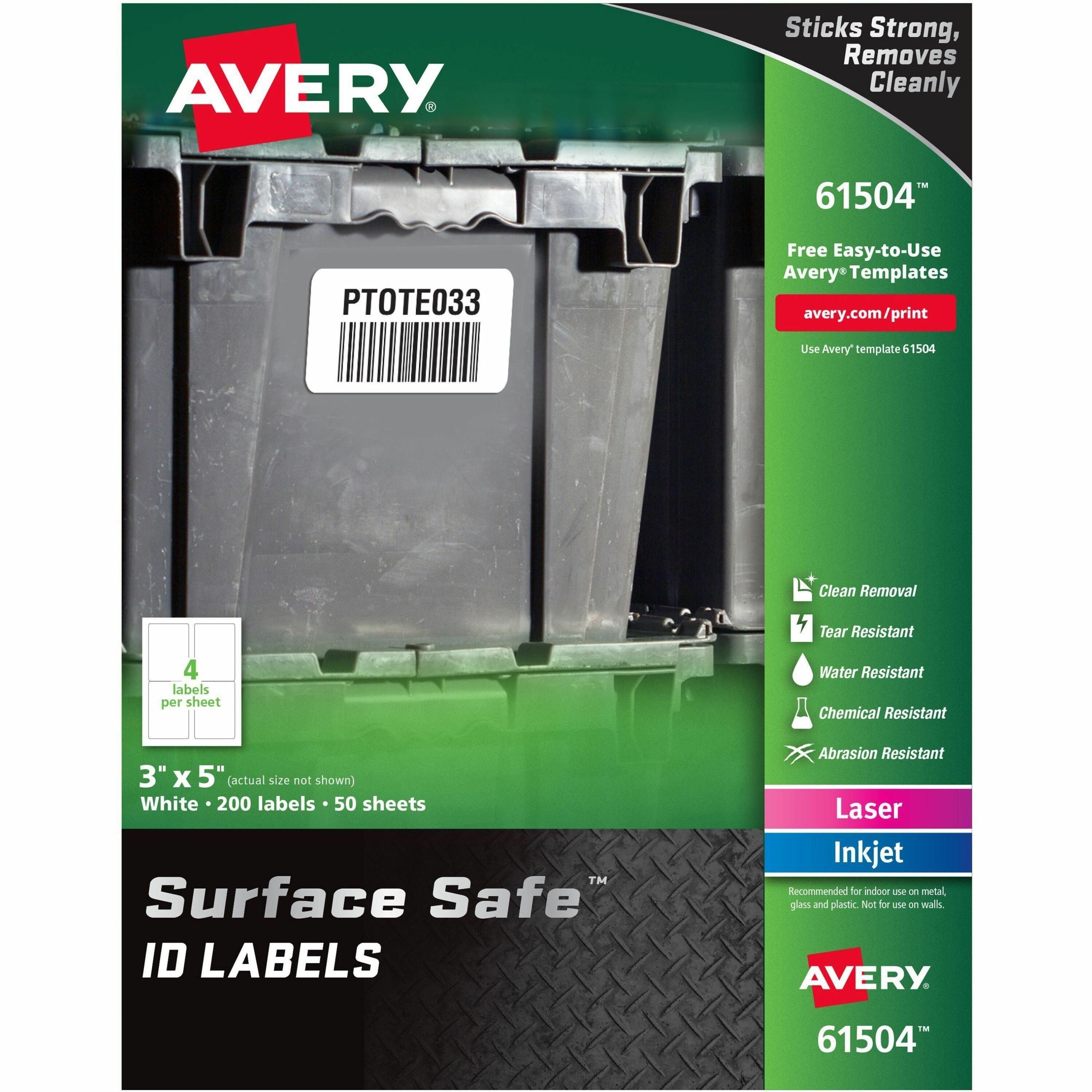 Avery&reg; Surface Safe ID Label - 3" Width x 5" Length - Removable Adhesive - Rectangle - Laser, Inkjet - White - Film - Water Resistant - 4 / Sheet - 50 Total Sheets - 200 Total Label(s) - 1 Pack
