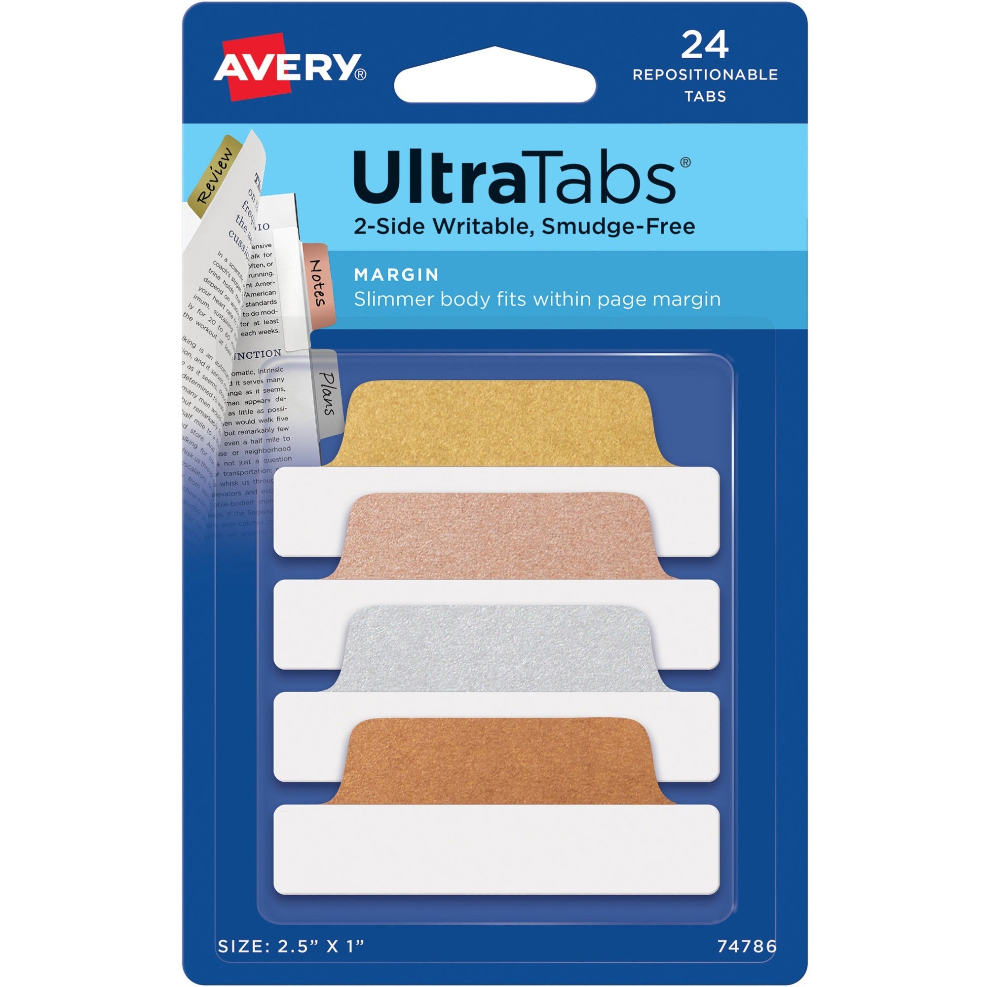 Avery&reg; UltraTabs Repositionable Margin Tabs - 24 Tab(s) - 1" Tab Height x 2.50" Tab Width - Clear Film, Gold Paper, Rose Gold, Copper Tab(s) - 1 Pack