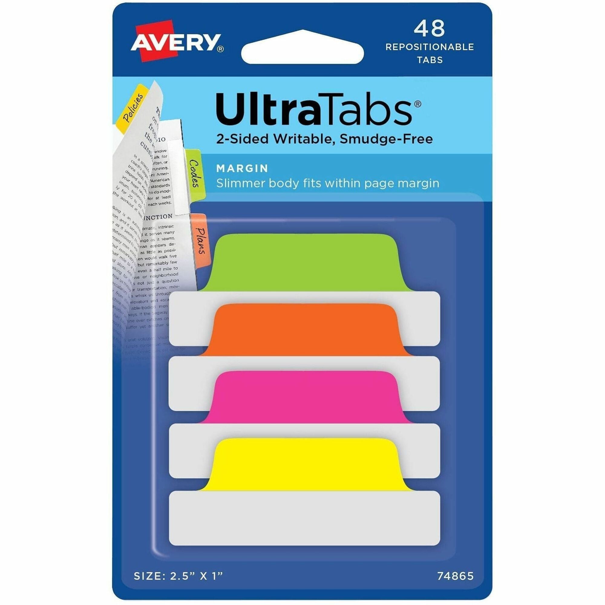 Avery&reg; UltraTabs Repositionable Margin Tabs - 48 Tab(s) - 1" Tab Height x 2.50" Tab Width - Clear Film, Neon Green Paper, Neon Pink, Neon Orange, Neon Yellow Tab(s) - 48 / Pack