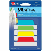 Avery&reg; UltraTabs Repositionable Margin Tabs - 48 Tab(s) - 1" Tab Height x 2.50" Tab Width - Green Film, Clear Paper, Yellow, Red, Blue Tab(s) - 48 / Pack