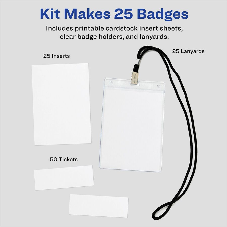 Avery&reg; Vertical Name Badges with Tickets Kit for Laser and Inkjet Printers, 4-1/4" x 6" - Plastic - White, Black - 1 Pack