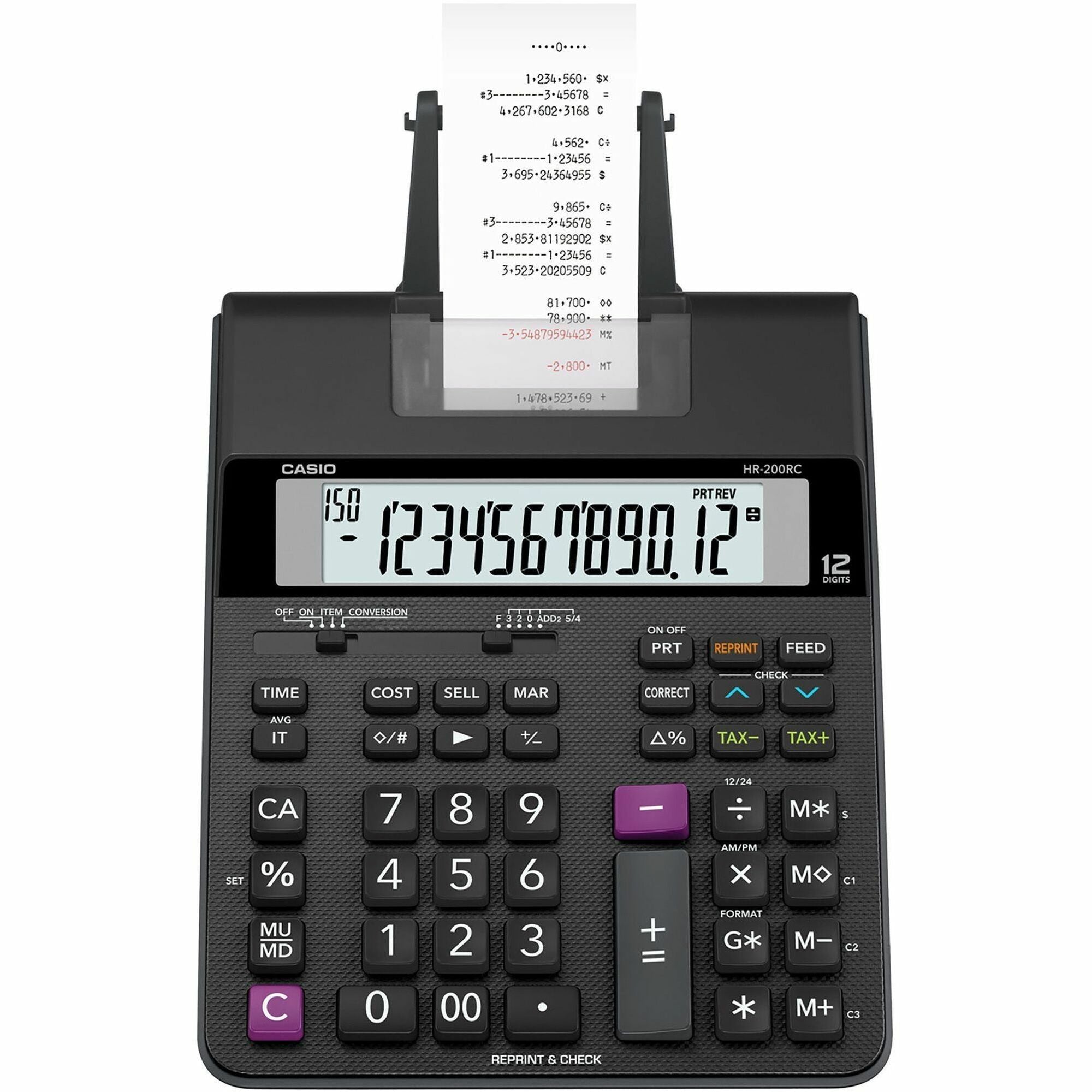 Dual Color Print - Black/Red Print - 2 lps - Two-color Printing, Large Display, Dual Power - 12 Digits - AC Adapter Powered - 4 x AA - 2.6" Height x 7.7" Width x 12.3" Depth - Black - Desktop - 1 Each