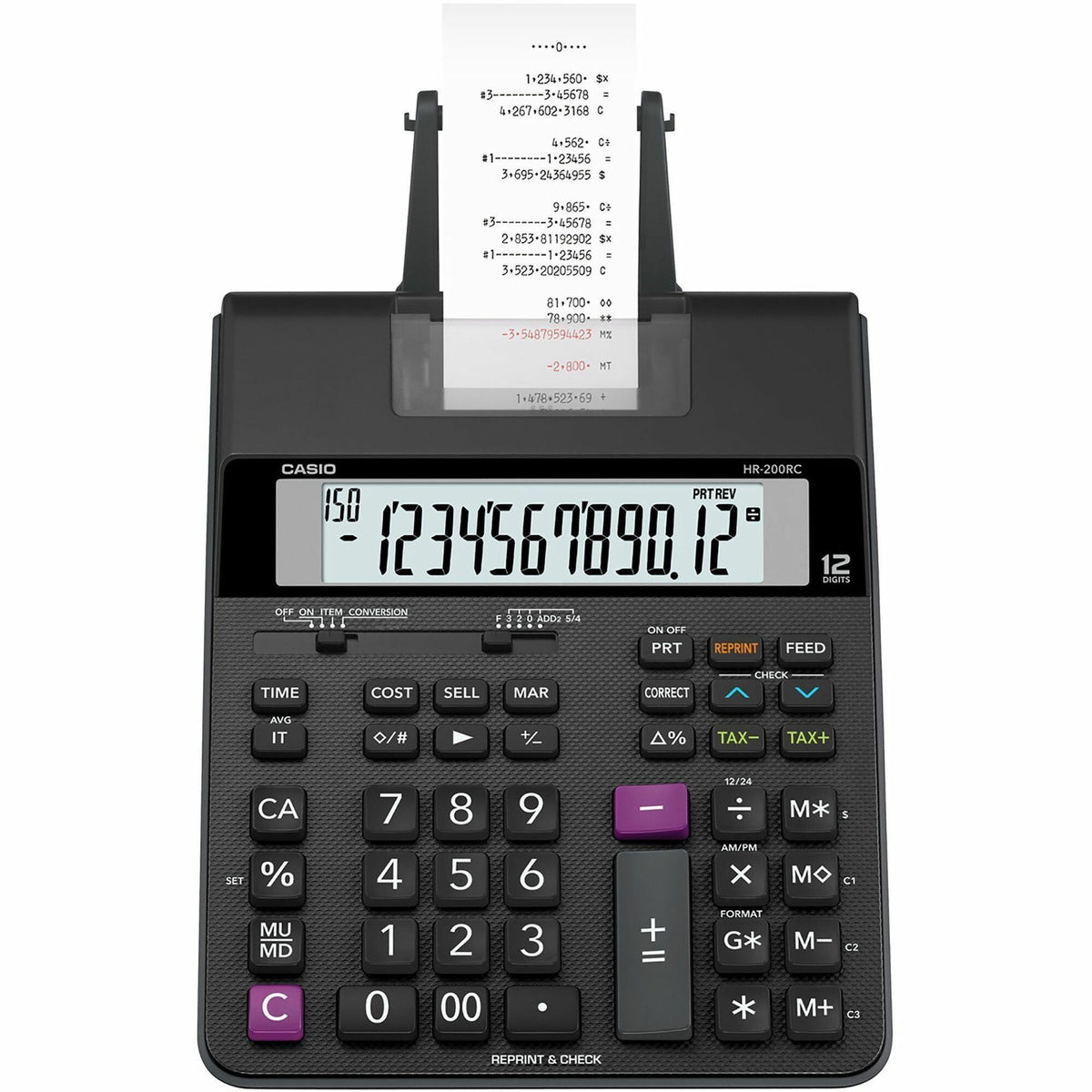 Casio HR-200RC Printing Calculator - Dual Color Print - Black/Red Print - 2 lps - Two-color Printing, Large Display, Dual Power - 12 Digits - AC Adapter Powered - 4 x AA - 2.6" Height x 7.7" Width x 12.3" Depth - Black - Desktop - 1 Each