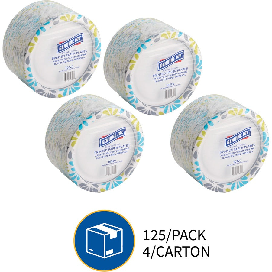 Genuine Joe 9" Printed Paper Plates - Disposable - 9" Diameter - Assorted - 125 / Pack