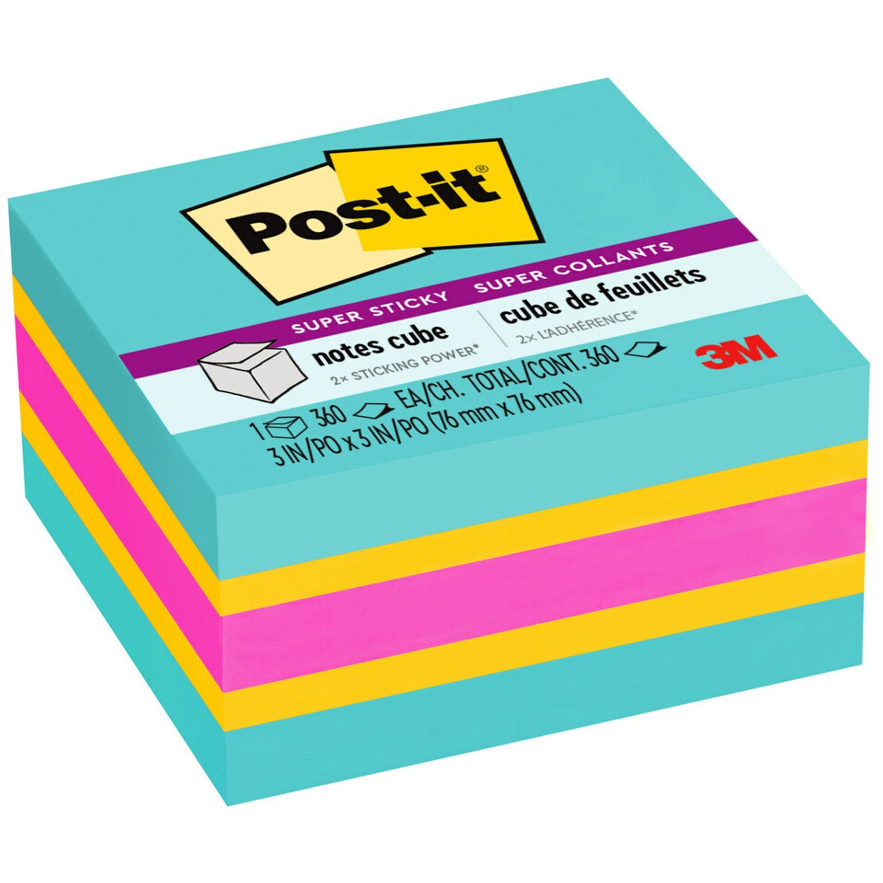 Post-it&reg; Super Sticky Notes Cube - 3" Flag/Note Width x 3" Flag/Note Length - Square - 360 Sheets per Pad - Aqua Splash, Sunnyside, Power Pink - Paper - Sticky, Recyclable - 1 Pack