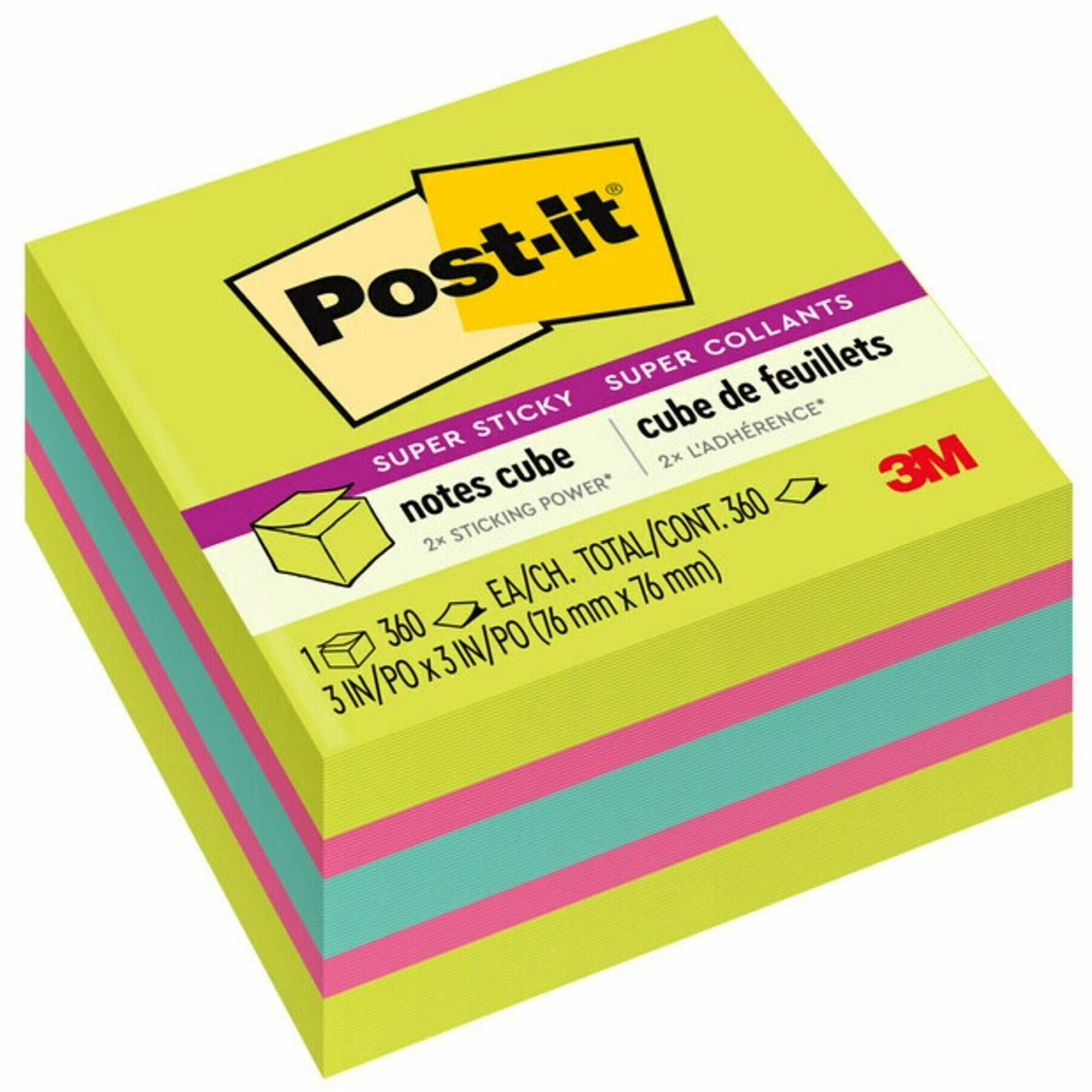 Post-it&reg; Super Sticky Notes Cube - 3" Flag/Note Width x 3" Flag/Note Length - Square - 360 Sheets per Pad - Guava, Acid Lime, Aqua Splash - Paper - Sticky, Recyclable - 1 Pack