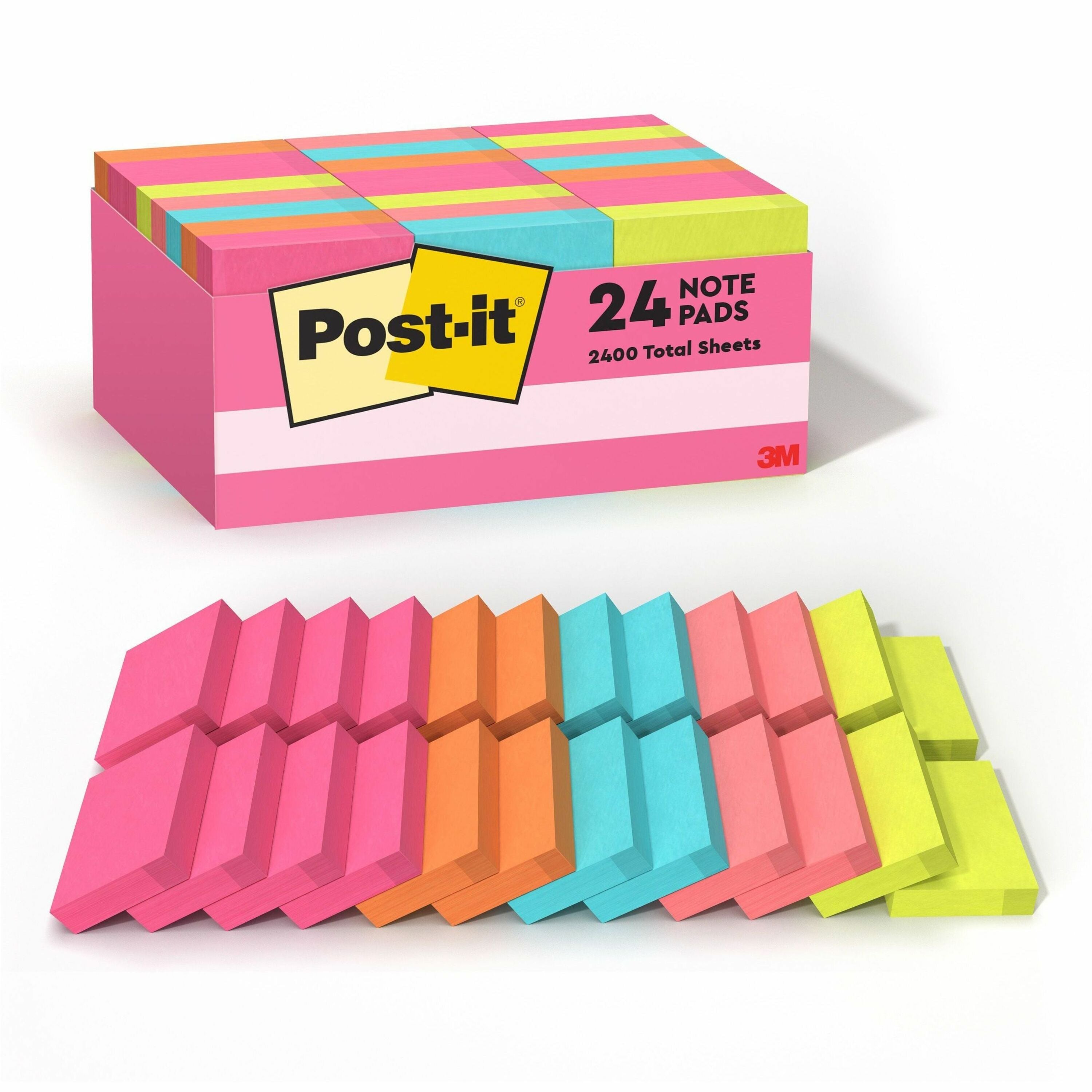 Post-it&reg; Notes Value Pack - 1 1/2" Flag/Note Width x 2" Flag/Note Length - Rectangle - 100 Sheets per Pad - Power Pink, Acid Lime, Aqua Splash, Vital Orange, Guava - Self-stick, Recyclable - 24 / Pack