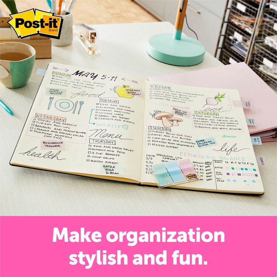 Post-it&reg; Printed Flags - 60 x Assorted Pastel - 1" Flag/Note Width x 1 3/4" Flag/Note Length - 30 Sheets per Pad - Green, Blue, Pink - Self-adhesive, Sticky, Removable, Writable - Dispenser Included - 60 / Pack