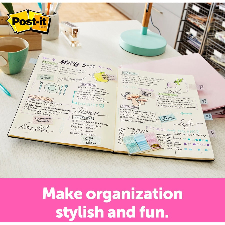 Post-it&reg; Printed Flags - 60 x Assorted Pastel - 1" Flag/Note Width x 1 3/4" Flag/Note Length - 30 Sheets per Pad - Green, Blue, Pink - Self-adhesive, Sticky, Removable, Writable - Dispenser Included - 60 / Pack