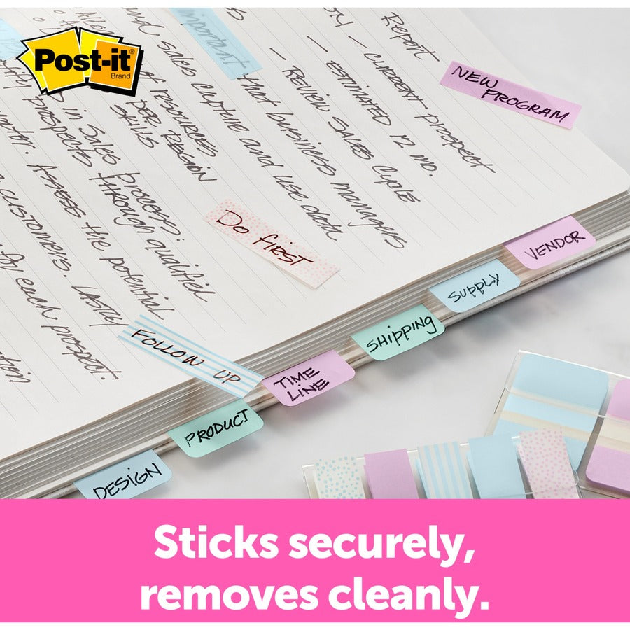 Post-it&reg; Printed Flags - 60 x Assorted Pastel - 1" Flag/Note Width x 1 3/4" Flag/Note Length - 30 Sheets per Pad - Green, Blue, Pink - Self-adhesive, Sticky, Removable, Writable - Dispenser Included - 60 / Pack